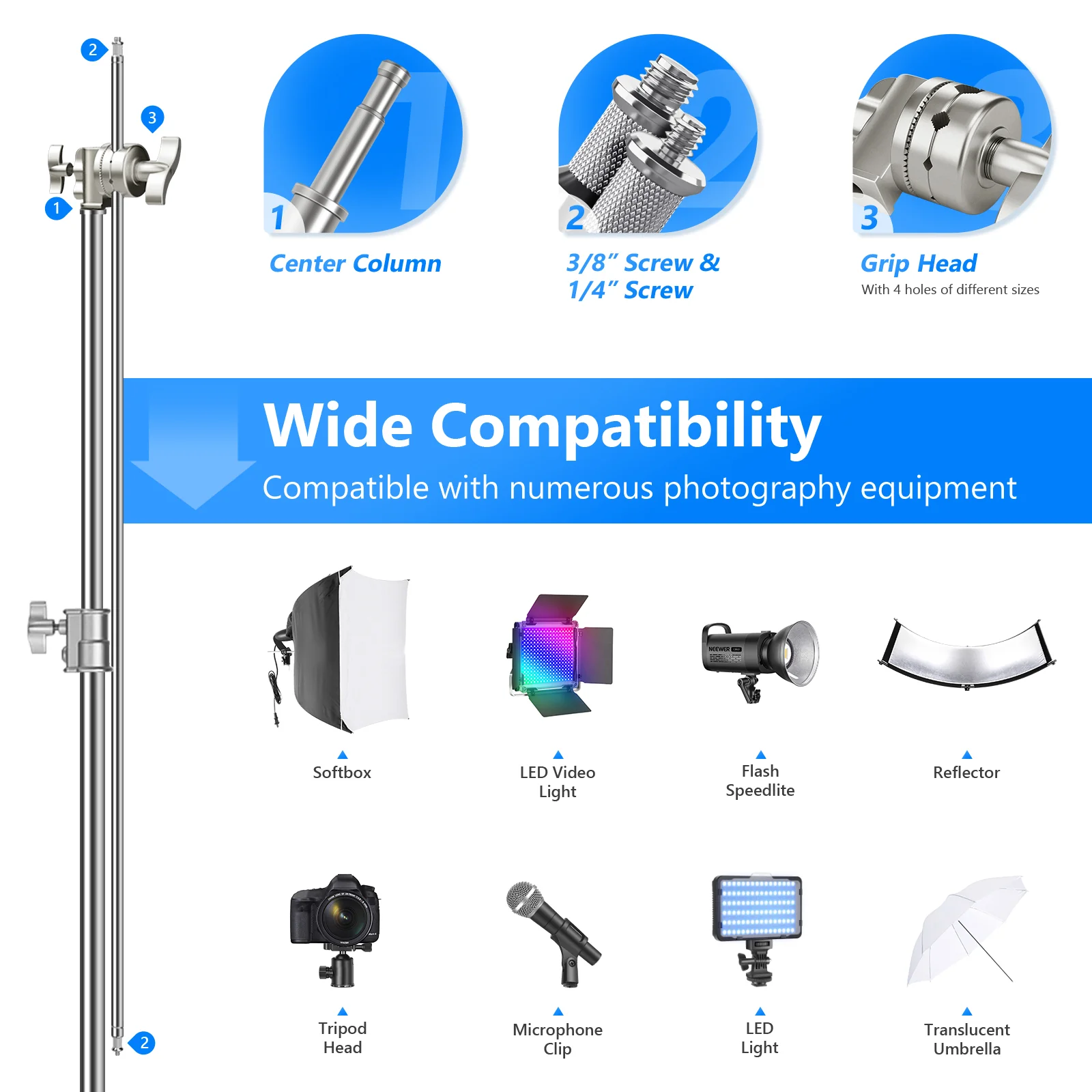 NEEWER SC320 320cm Stainless Steel C Stand with Boom Arm - Image 6