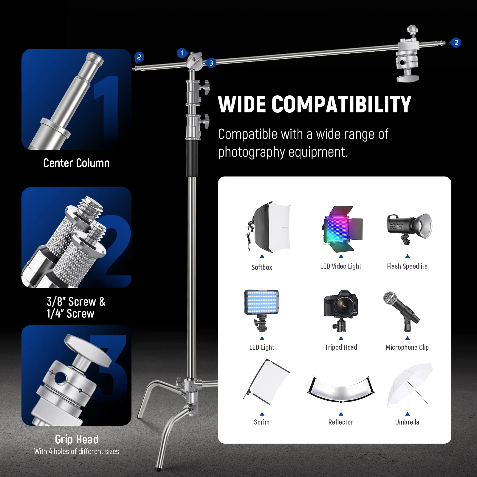 NEEWER SC320B 10ft/305cm Stainless Steel C Stand - Image 6