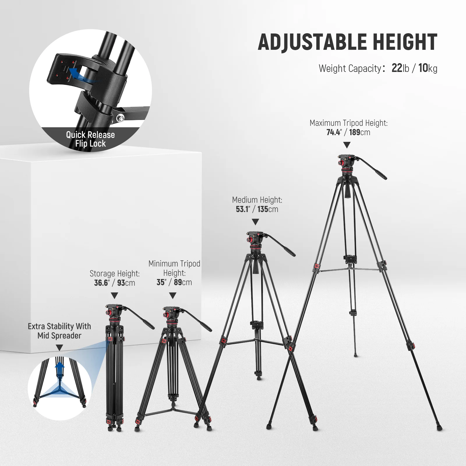 NEEWER TP75 74" Pro Video Tripod with Fluid Head - Image 5
