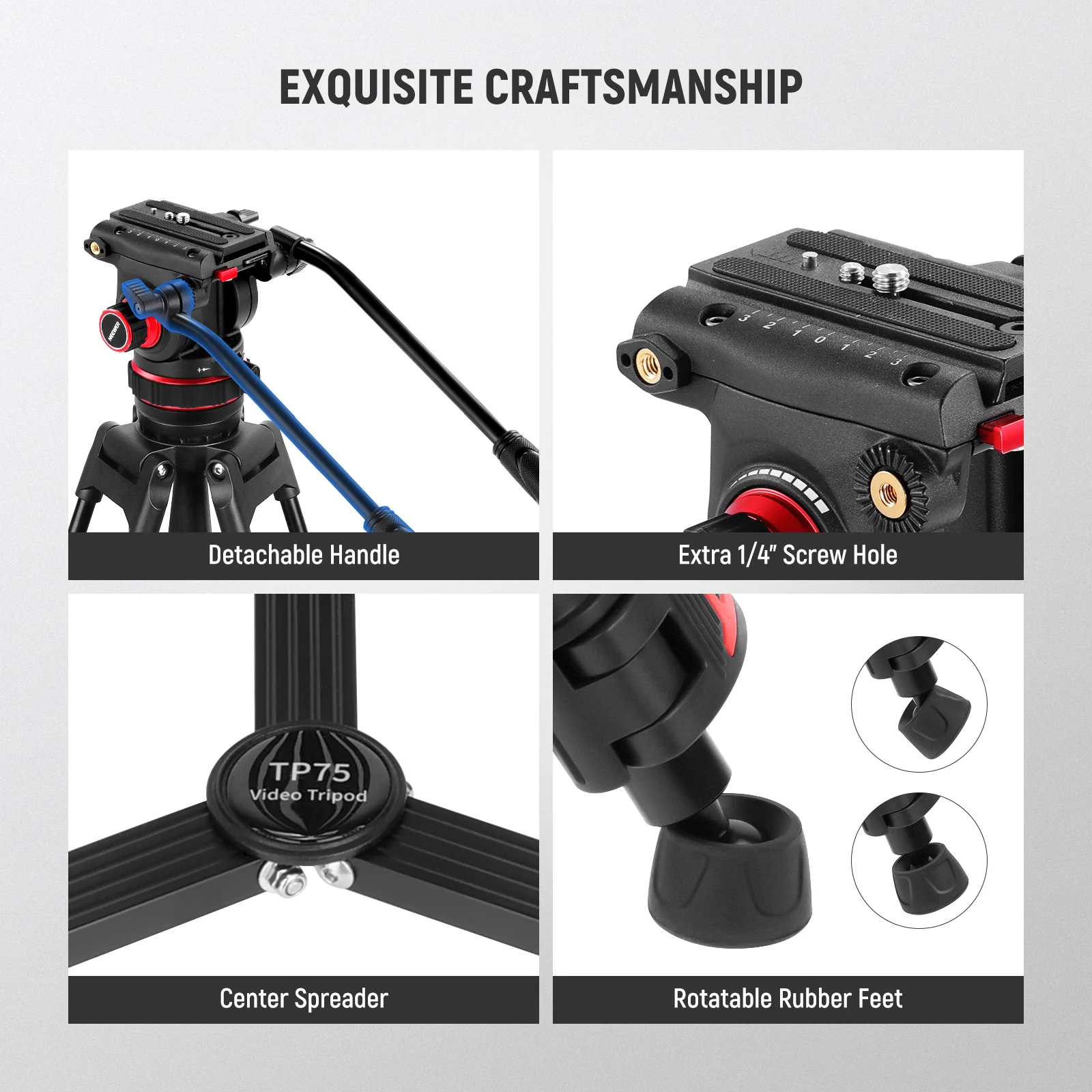 NEEWER TP75 74" Pro Video Tripod with Fluid Head - Image 8