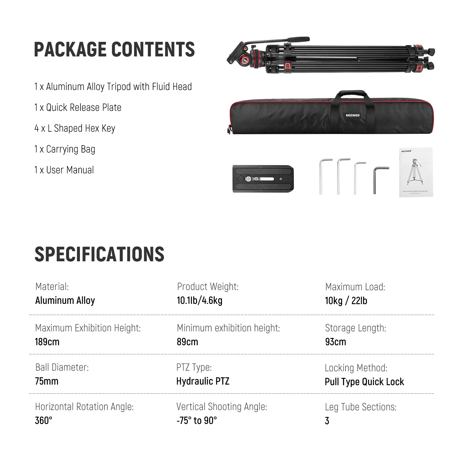 NEEWER TP75 74" Pro Video Tripod with Fluid Head - Image 9