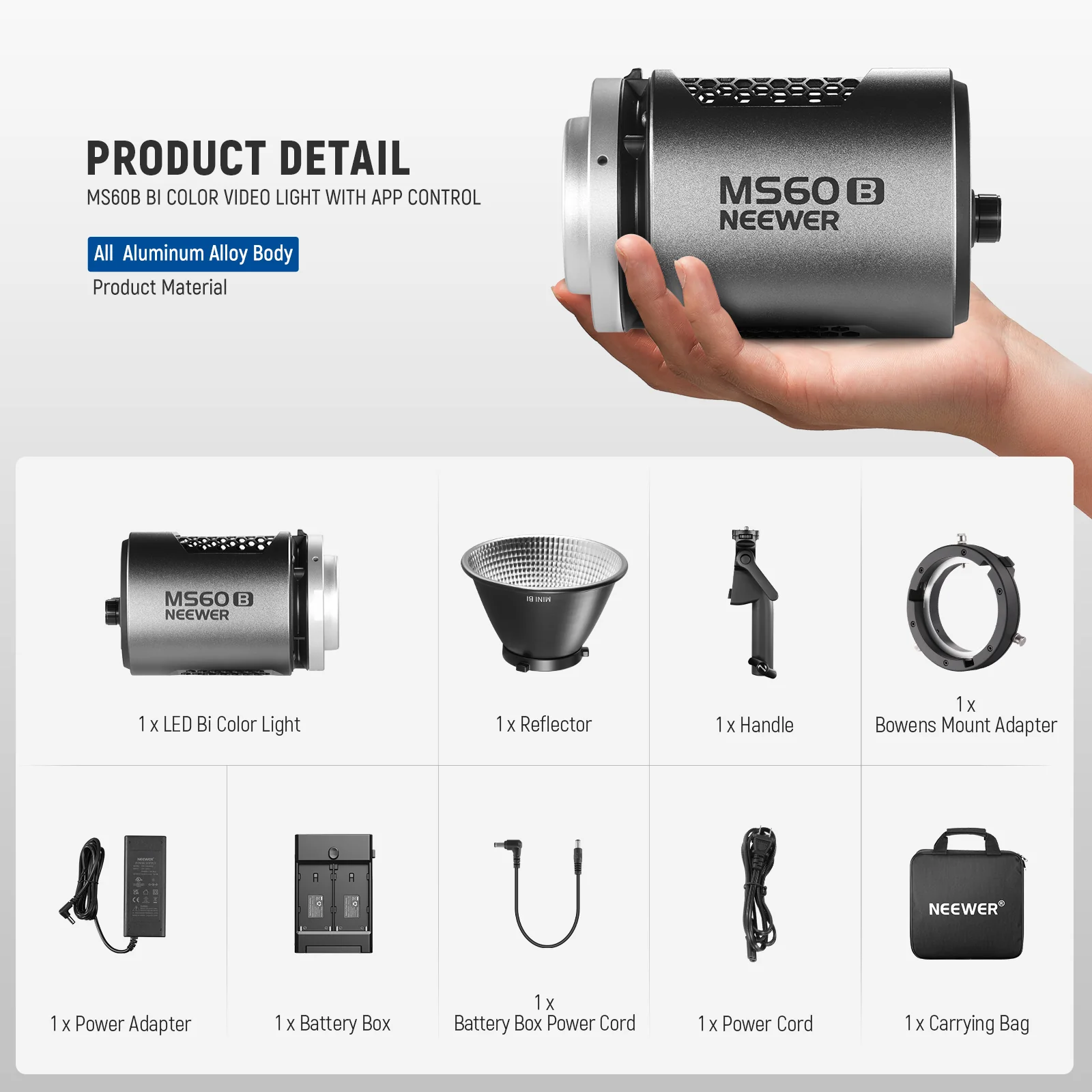 NEEWER MS60B Bi-Color LED Video Light Handheld Spotlight - Image 9