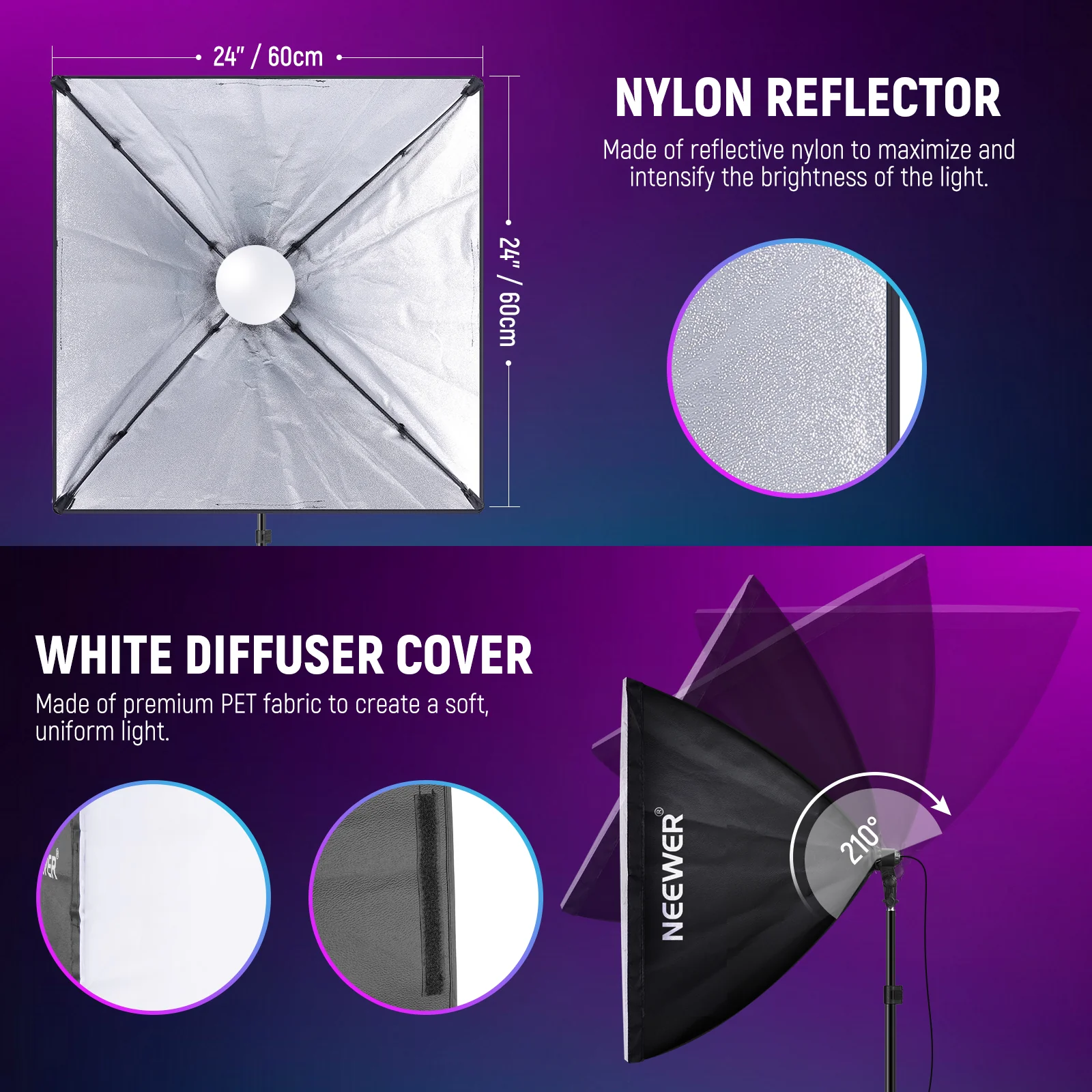 NEEWER NK800 24"x24"/60x60cm RGB Softbox Lighting Kit with App Control - Image 7