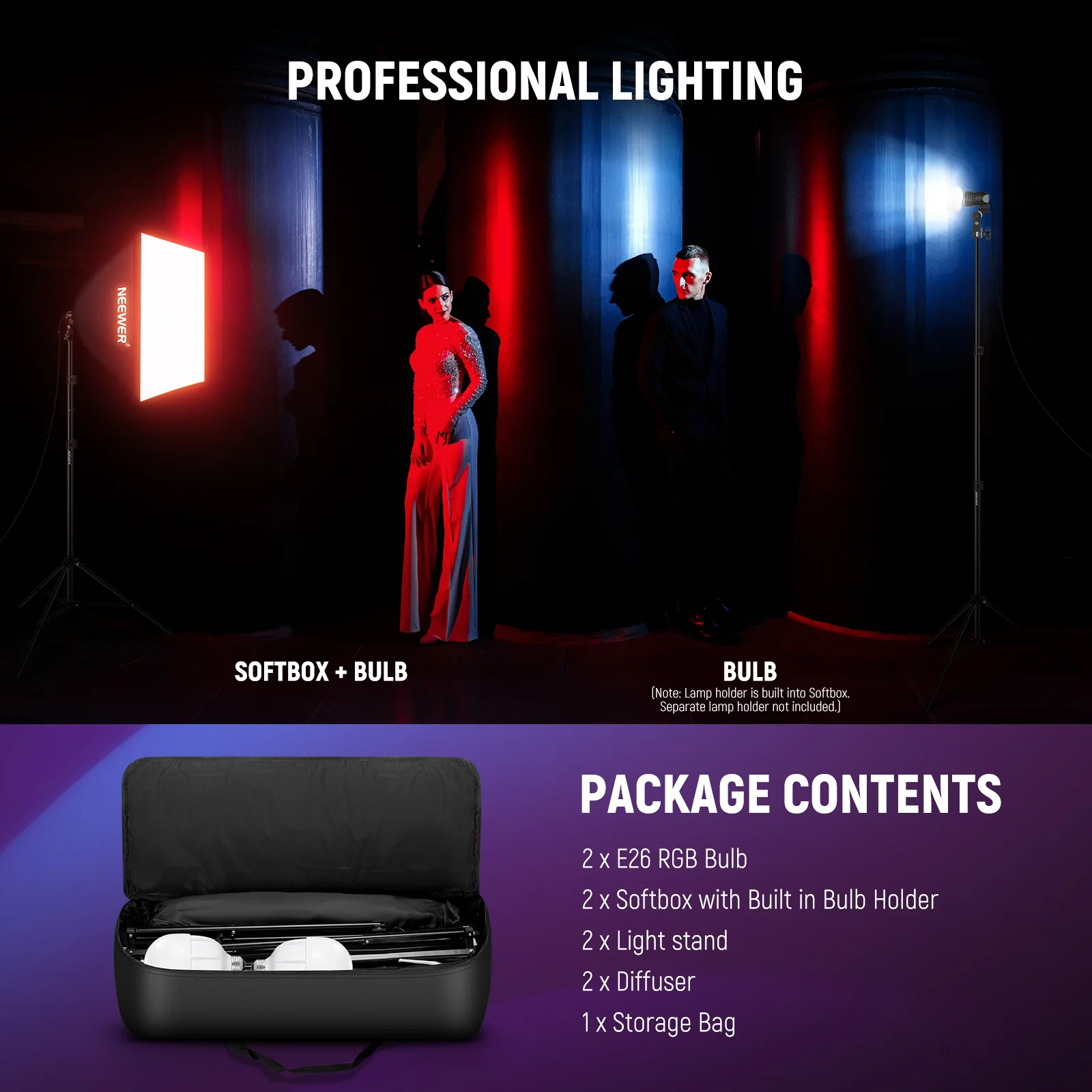 NEEWER NK800 24"x24"/60x60cm RGB Softbox Lighting Kit with App Control - Image 9