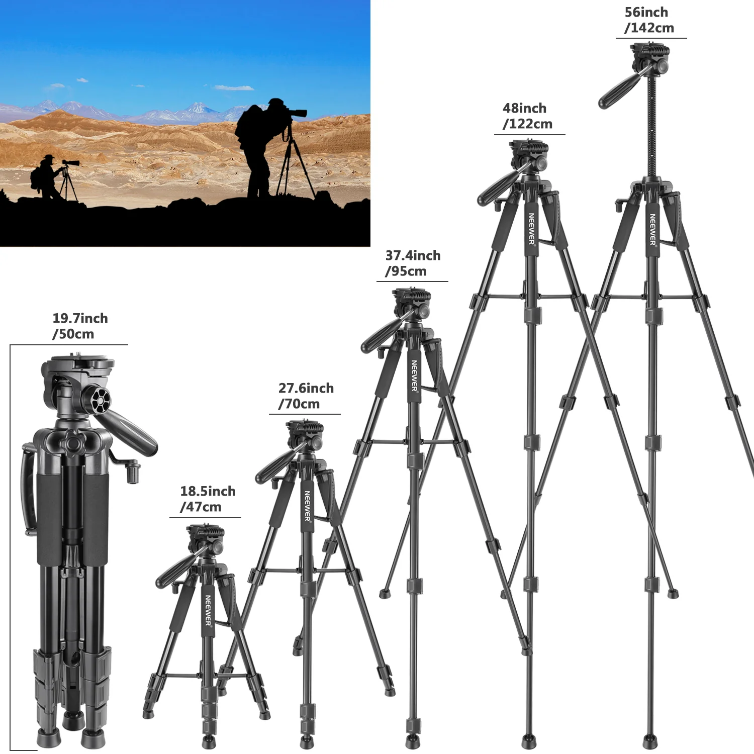 NEEWER SAB234 56" Aluminum Alloy Camera Tripod - Image 4