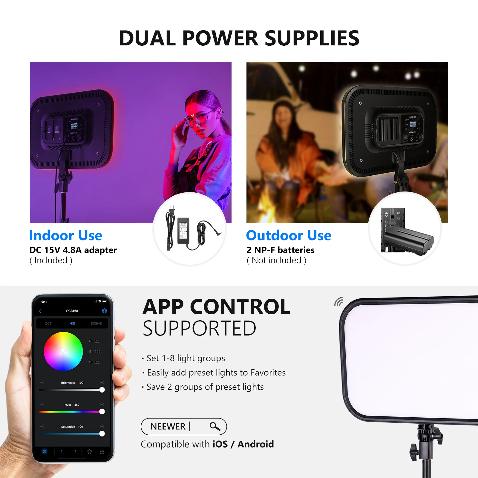 NEEWER 2 Pack RGB168 18.3 Inch LED Panel Video Light - Image 9