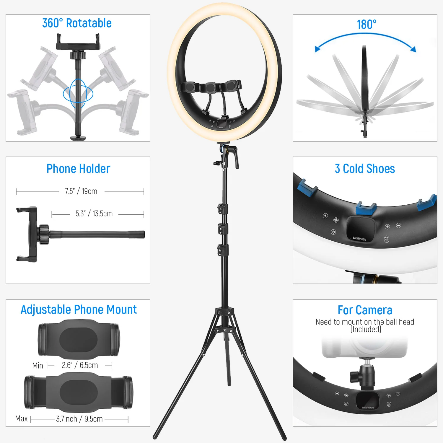 NEEWER RP19H 19 Inch LED Ring Light With 3 Phone Holders - Image 25