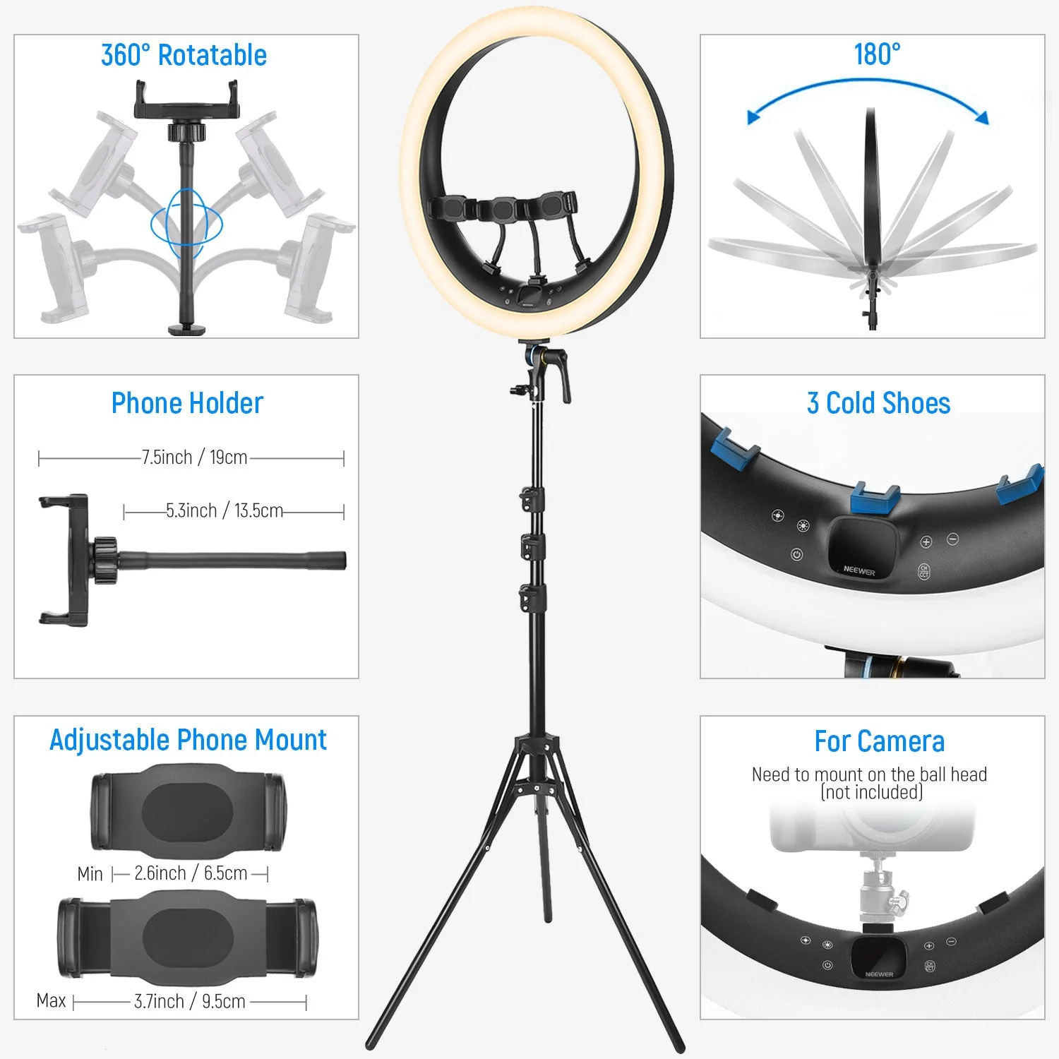 NEEWER RP19H 19 Inch LED Ring Light With 3 Phone Holders - Image 7