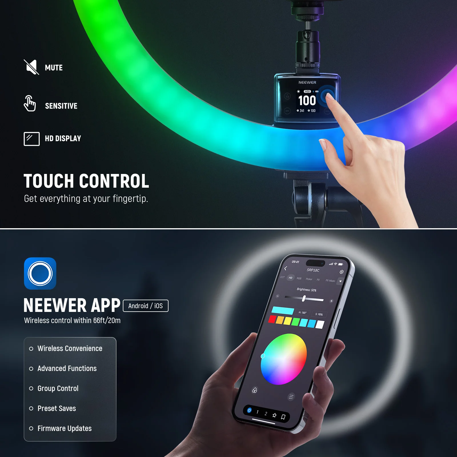 NEEWER SRP18C RGB App Control 2500K-10000K Ring Light Kit - Image 5