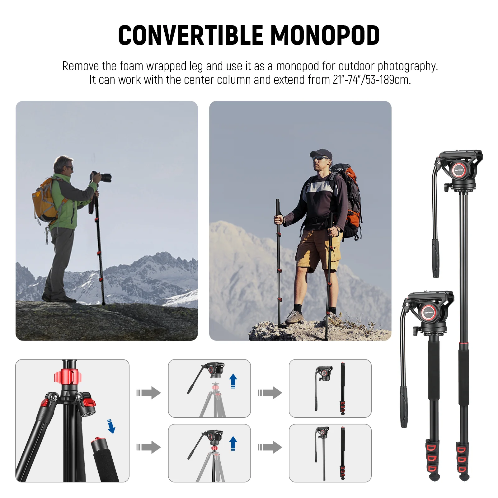 NEEWER TP72A 72" Fluid Head Video Tripod Monopod - Image 5