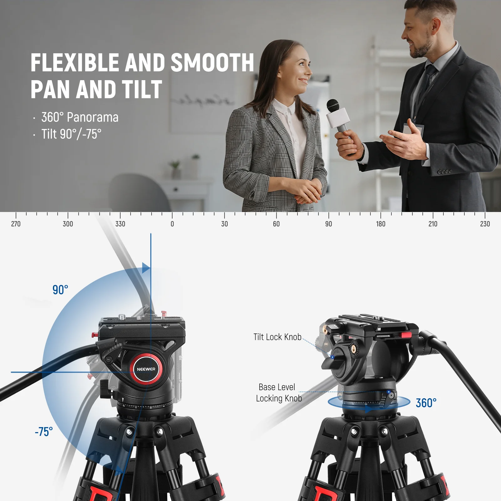 NEEWER TP74 74" Pro Video Tripod with Fluid Head - Image 3
