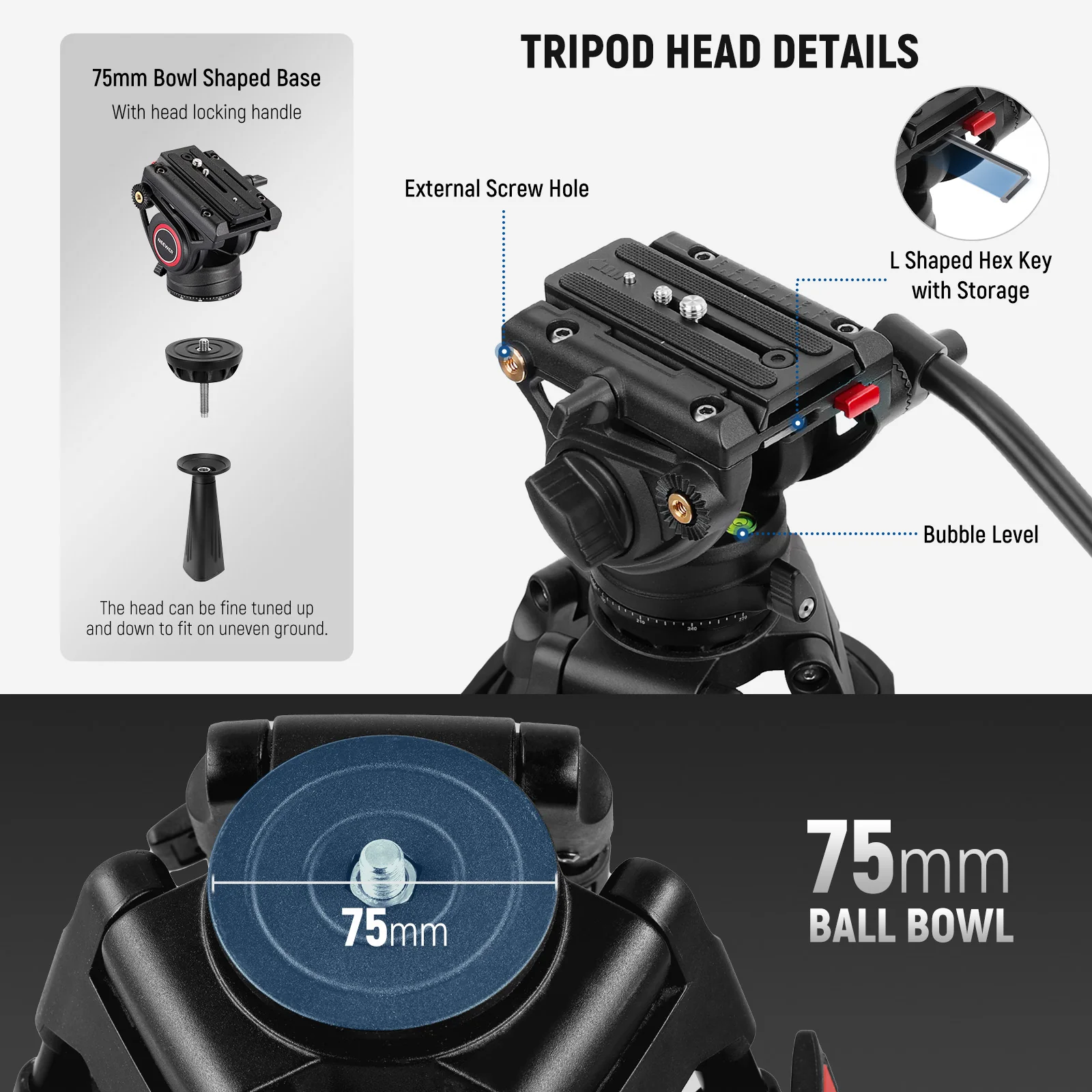 NEEWER TP74 74" Pro Video Tripod with Fluid Head - Image 6