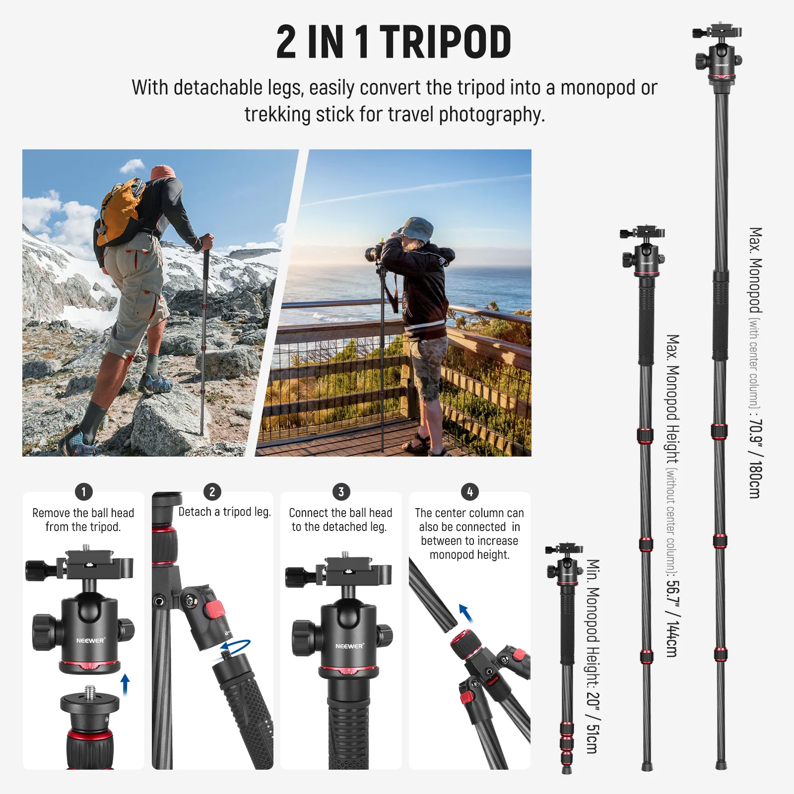 NEEWER N55C 68" Carbon Fiber Tripod Monopod - Image 5